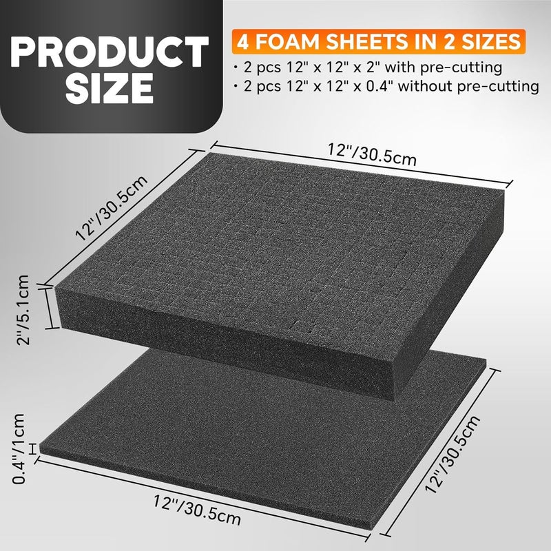 weyleity 4 Pack Polyurethane Foam Sheet 12 x 12 x 2 Inch + 12 x 12 x 0.4 Inch | 2 Sizes of Pre Cut Foam Sheets Pick Apart Inserts for Board Game Boxes, Storage Drawers, Toolbox - Image 2